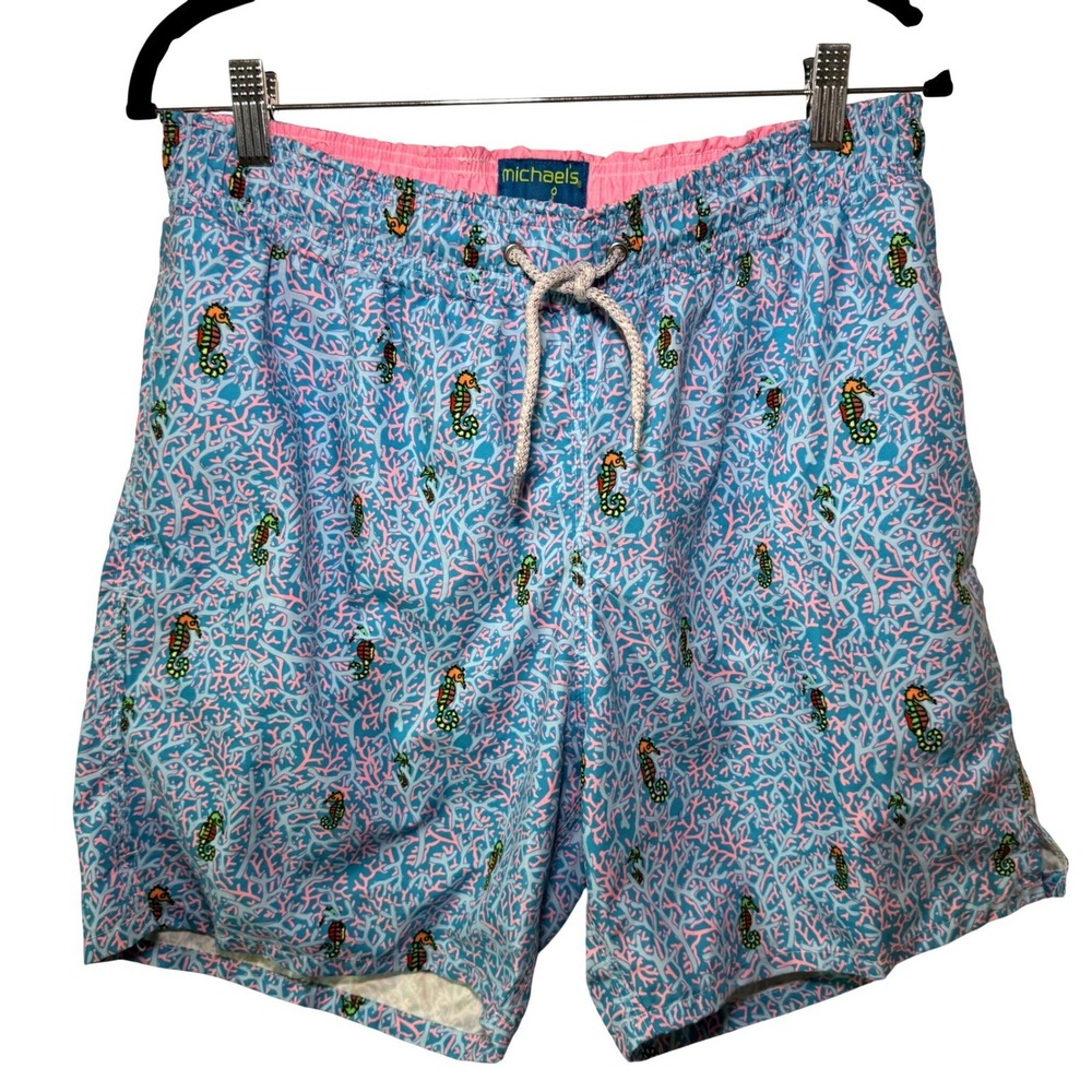 Michaels Mens Swim Trunks Shorts Seahorse Coral Print Blue Pink Size M USA